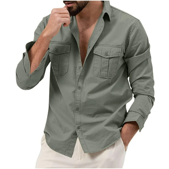 USNSM Men's Work Shirt Casual Outdoor Slim Fit Shirt Turndown Collar Button Cardigan Long Sleeve Tops with Chest Pockets Gray 3XL