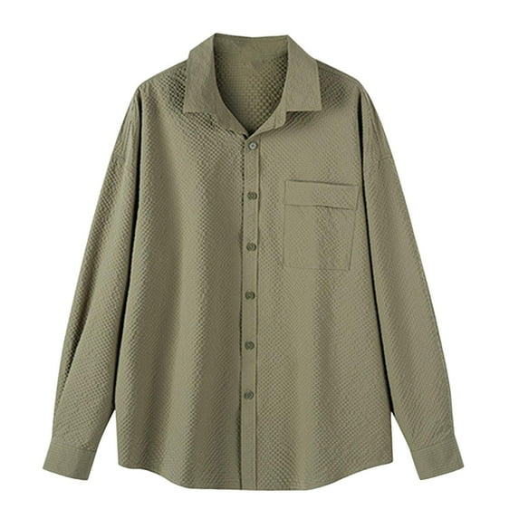 USNSM Men's Work Shirt Casual Waffe Knitted Elastic Quick Drying Loose Fit Shirt Turndown Collar Button up Long Sleeve Tops with Chest Pocket Green XL