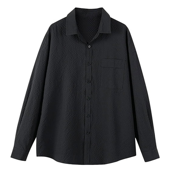 USNSM Men's Work Shirt Casual Waffe Knitted Elastic Quick Drying Loose Fit Shirt Turndown Collar Button up Long Sleeve Tops with Chest Pocket Black L