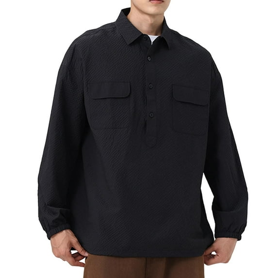 USNSM Men's Work Shirt Casual Waffe Knitted Elastic Quick Drying Loose Fit T-Shirt Turndown Collar Half Buttons Long Sleeve Pullover Tops with Chest Pockets Black 3XL