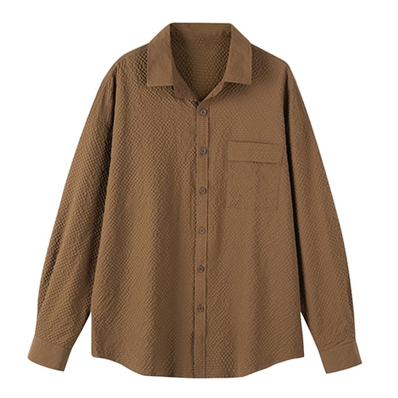 USNSM Men's Work Shirt Casual Waffe Knitted Elastic Quick Drying Loose Fit Shirt Turndown Collar Button up Long Sleeve Tops with Chest Pocket Coffee 3XL