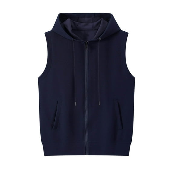 USNSM Men's Workout Hooded Tank Tops Sleeveless Zipper Drawstring Pocket Gym Hoodies Bodybuilding Cut Off T-Shirts Blue XXXXL