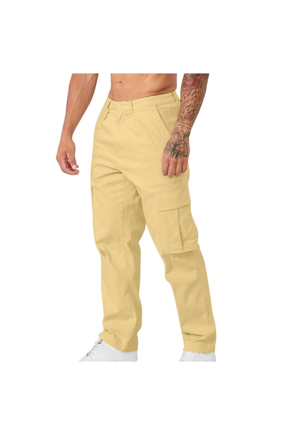 Men's Zipped Long Pants Regular Trouser Summer Camping Jogging Pant Button Closure Essential Straight Legs Pants Khaki M