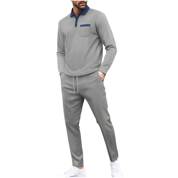 USNSM Mens 2 Piece Set Casual Outfits Lapel Long Sleeve Shirt Pants Track Suit Loungewear Athletic Sweatsuit Gray XXL