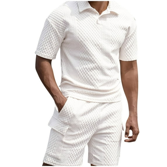 USNSM Mens 2 Piece Short Set Summer Outfits Solid Color Lapel Shirt and Shorts Set Tracksuits Set Short Sleeve and Shorts Set White L