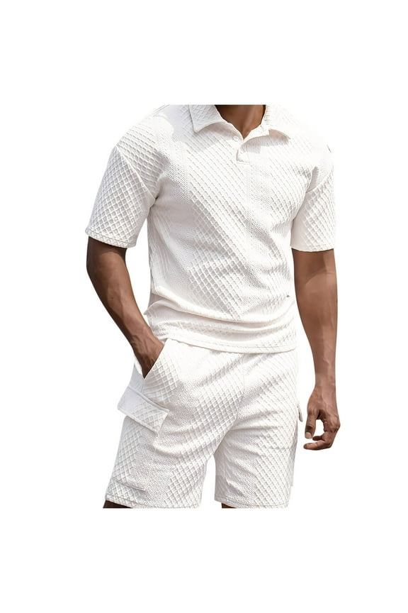 Mens 2 Piece Short Set Summer Outfits Solid Color Lapel Shirt and Shorts Set Tracksuits Set Short Sleeve and Shorts Set White XL