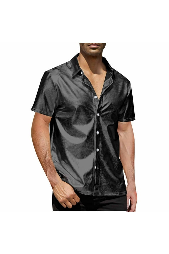 Mens Button Down Disco Shirt Outfit Retro 70s Shirts Sequin Metallic Short Sleeve Disco Outfits Party Clothes Solid Color Top Black L