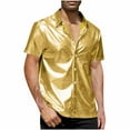 thumbnail image 1 of USNSM Mens Button Down Disco Shirt Outfit Retro 70s Shirts Sequin Metallic Short Sleeve Disco Outfits Party Clothes Solid Color Top Yellow L, 1 of 3