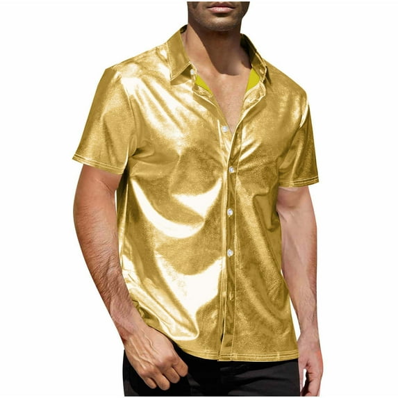 USNSM Mens Button Down Disco Shirt Outfit Retro 70s Shirts Sequin Metallic Short Sleeve Disco Outfits Party Clothes Solid Color Top Yellow L