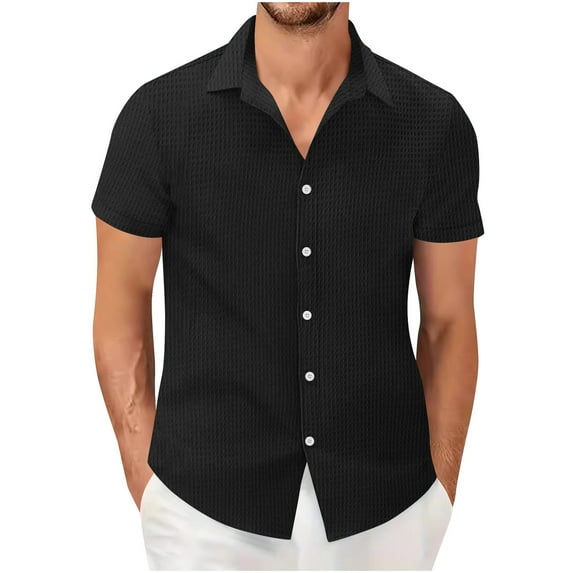 USNSM Mens Button Down Shirt Short Sleeve Casual Shirts Beach Summer Linen Shirts Solid Color Vacation Shirt Black XL