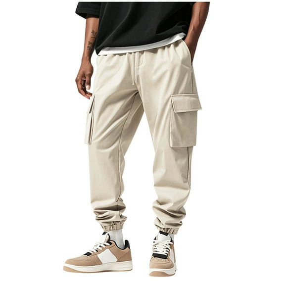 USNSM Mens Cargo Pants Sweatpants Casual Lightweight Elastic Waist Drawstring Tapered Pant with Multi Pockets Beige XXXL