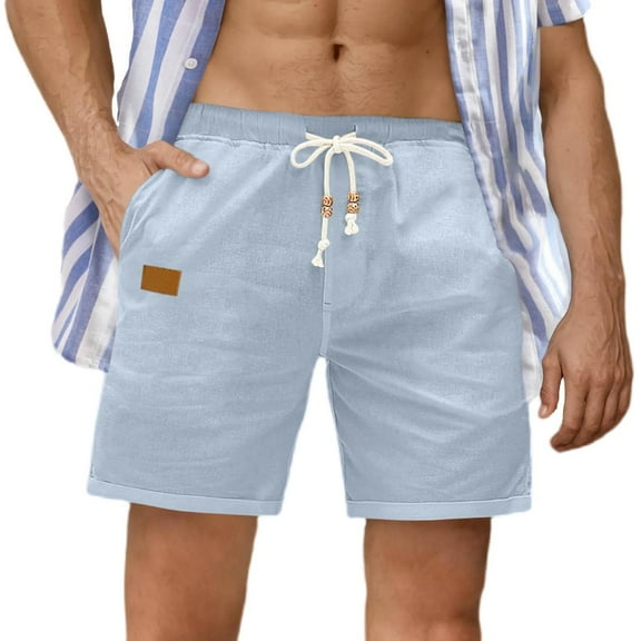 USNSM Mens Casual 5" Cotton Linen Shorts Elastic Waist Drawstring Loose Breathable Summer Beach Shorts with Pockets Blue XXL