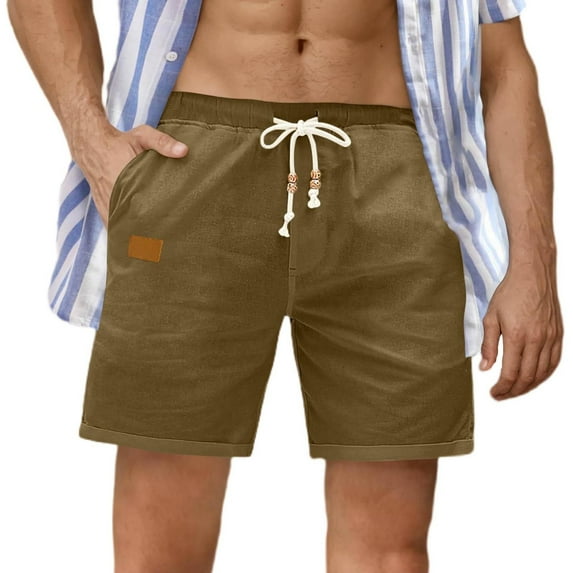 USNSM Mens Casual 5" Cotton Linen Shorts Elastic Waist Drawstring Loose Breathable Summer Beach Shorts with Pockets Green M