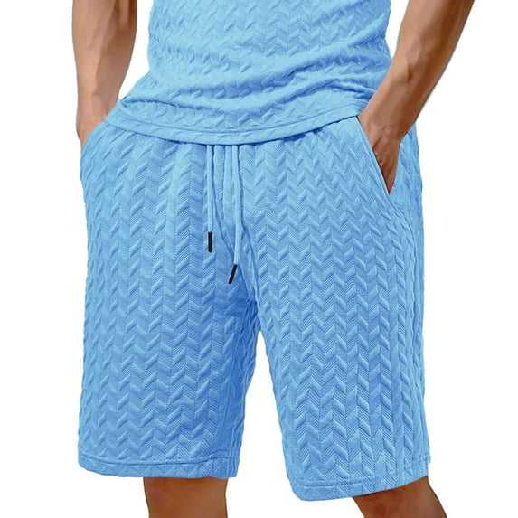 USNSM Mens Casual 7" Shorts Summer Solid Color Jacquard Drawstring Elastic Waist Beach Sweat Shorts Texture with Pockets Blue XXXL