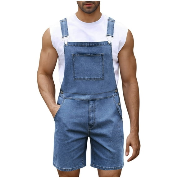 USNSM Mens Casual Bib Overall Shorts Lightweight Cotton Loose Fit Denim Jumpersuit Walkshort Pockets Rompers Blue XXL
