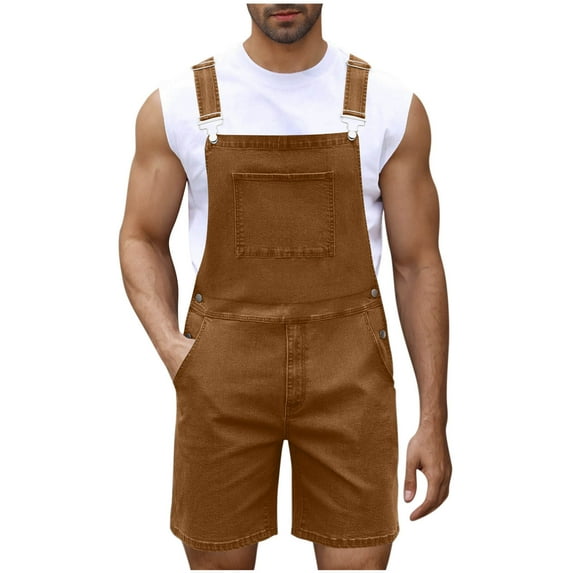 USNSM Mens Casual Bib Overall Shorts Lightweight Cotton Loose Fit Denim Jumpersuit Walkshort Pockets Rompers Brown XL