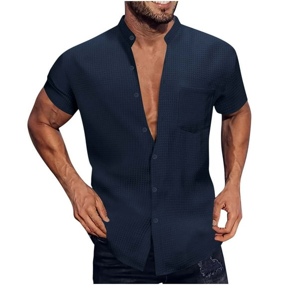 USNSM Mens Casual Button Down Shirt Short Sleeve Textured Shirt Solid Color Summer Beach Vacation Shirts with Pocket Blue S