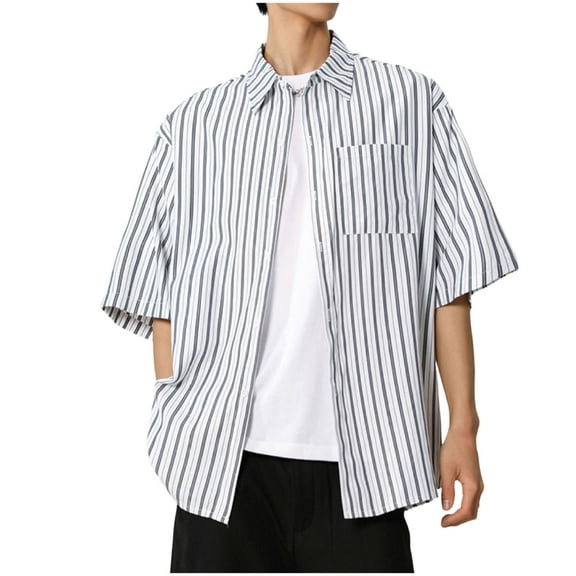 USNSM Mens Casual Button Down Shirts Wrinkle Free 4-Way Stretch Dress Shirs Short Sleeve Striped Summer Shirts for Men Black L