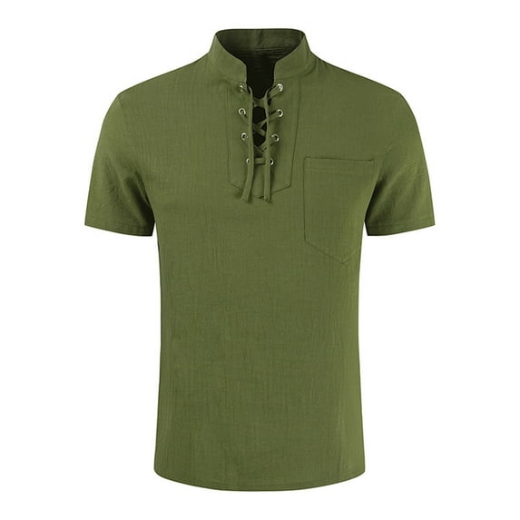 USNSM Mens Casual Henley Shirts Cotton Lace Up Short Sleeve Summer Beach Hippie V Neck Top Vintage Shirt Green XXL