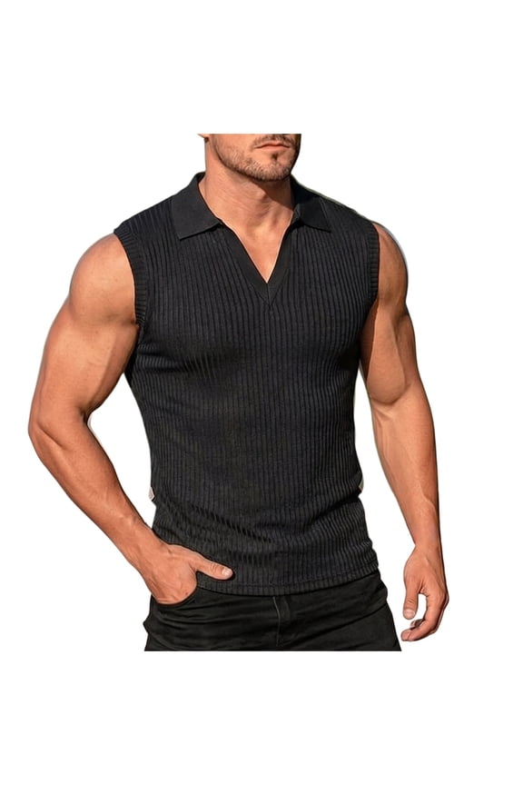 Mens Casual Knitted Solid Color Sleeveless Shirts Lightweight Breathable Collared Summer Beach Textured Tank Tops Black S