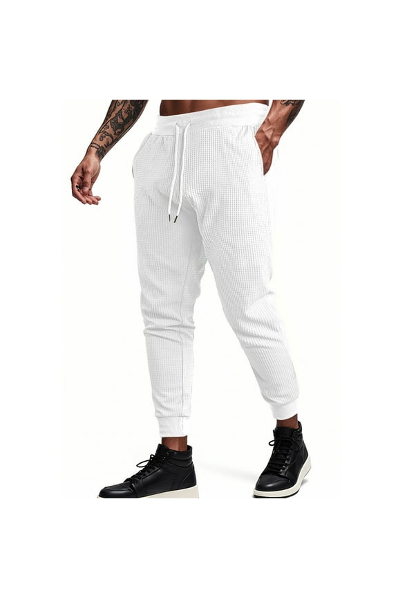 Mens Casual Pants Fashion Waffle Textured Drawstring Stretch Elastic Waist Tapered Trousers Joggers with Pockets White XXL