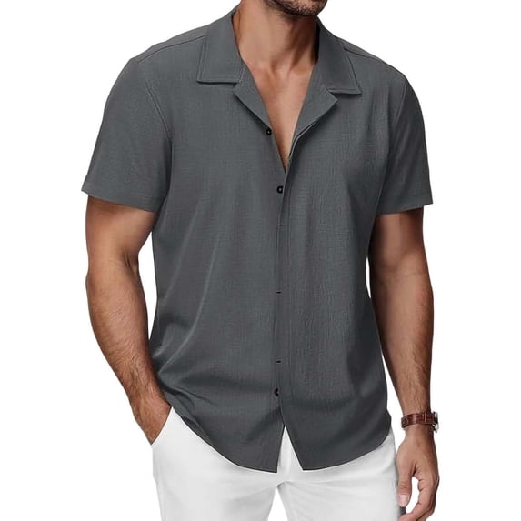 USNSM Mens Casual Plain Linen Shirts for Summer Vacation Button Up Tshirts Collared T Shirts Loose Short Sleeve Tops Gray S