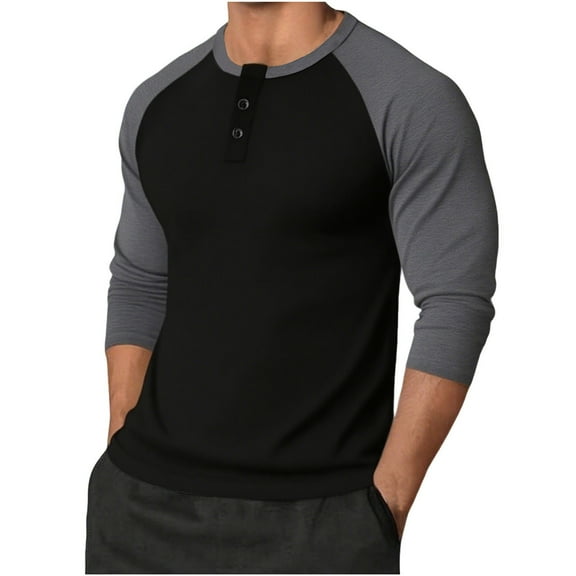 USNSM Mens Casual Slim Fit T-Shirts Henley Shirts Raglan Long Sleeve Color Blocking Casual Round Neck Button Blouses Shirts Gray XL