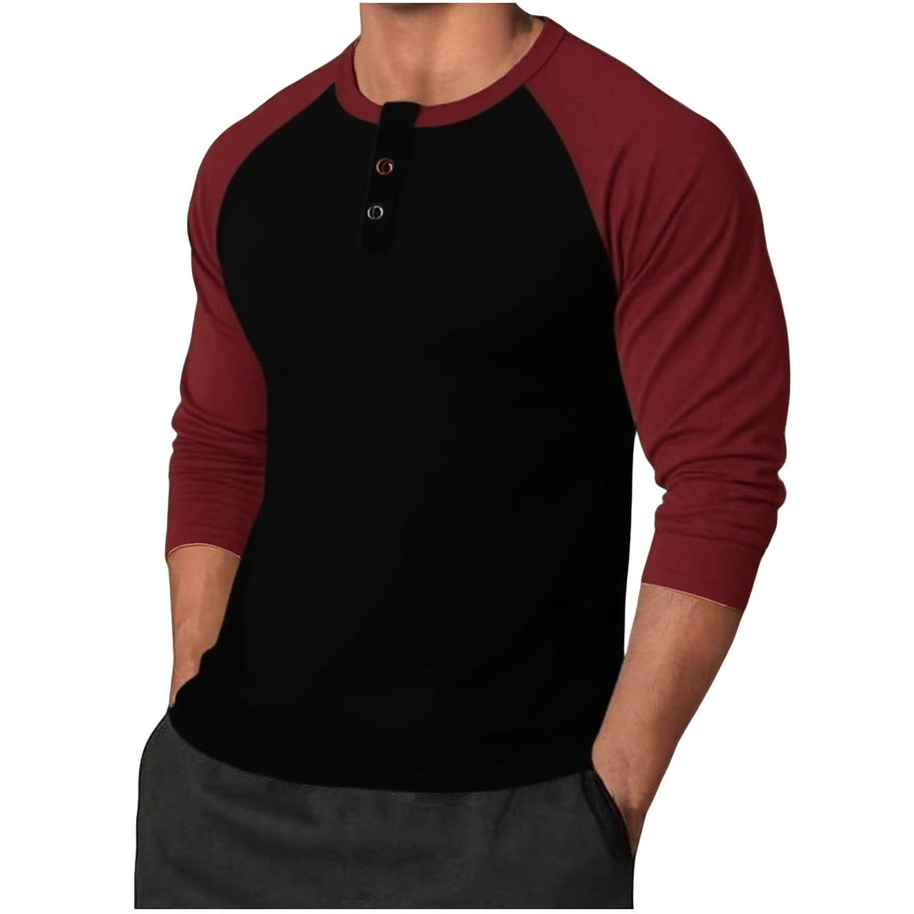 Camicia Henley Uomo A Maniche Lunghe Raglan - Slim Fit A Blocchi Di Colore - Casual Smart Con Bottoni
