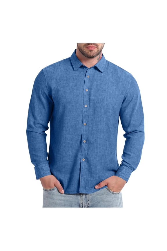 Mens Classic Fit Linen-Cotton Shirt Button Down Long Sleeve Vintage Casual Loose Elastic Business Shirts Blue M