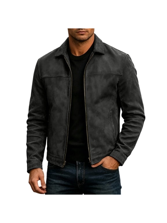 Mens Classic Leather Jackets Long Sleeve Turndown Collar Outwear Full Zip Motorcycle Vintage Racing Jacket Coat Black XXL