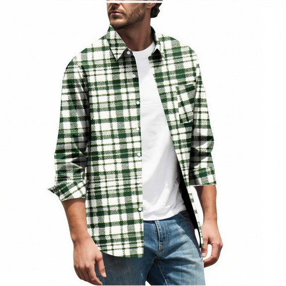 USNSM Mens Classic Long Sleeve Plaid Shirts Jacket Casual Fashion Turndown Collar Button Down Shirt with Pockets Green M