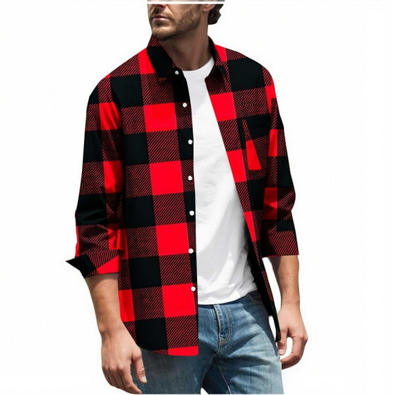 USNSM Mens Classic Long Sleeve Plaid Shirts Jacket Casual Fashion Turndown Collar Button Down Shirt with Pockets Red XL