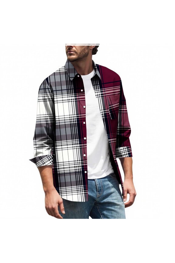 Mens Classic Long Sleeve Plaid Shirts Jacket Casual Fashion Turndown Collar Button Down Shirt with Pockets Red XXXL