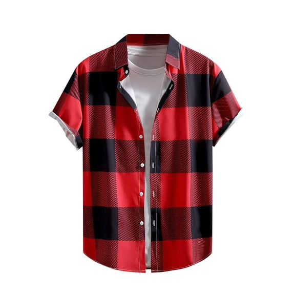 USNSM Mens Classic Plaid Printed Shirts Short Sleeve Lapel Button Down Shirt Loose Fit Cotton Comfortable Casual Shirt Blouse Red M