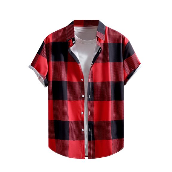 USNSM Mens Classic Plaid Printed Shirts Short Sleeve Lapel Button Down Shirt Loose Fit Cotton Comfortable Casual Shirt Blouse Red XXL