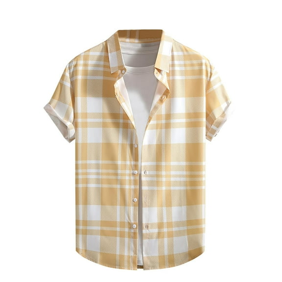 USNSM Mens Classic Plaid Printed Shirts Short Sleeve Lapel Button Down Shirt Loose Fit Cotton Comfortable Casual Shirt Blouse Yellow XXL