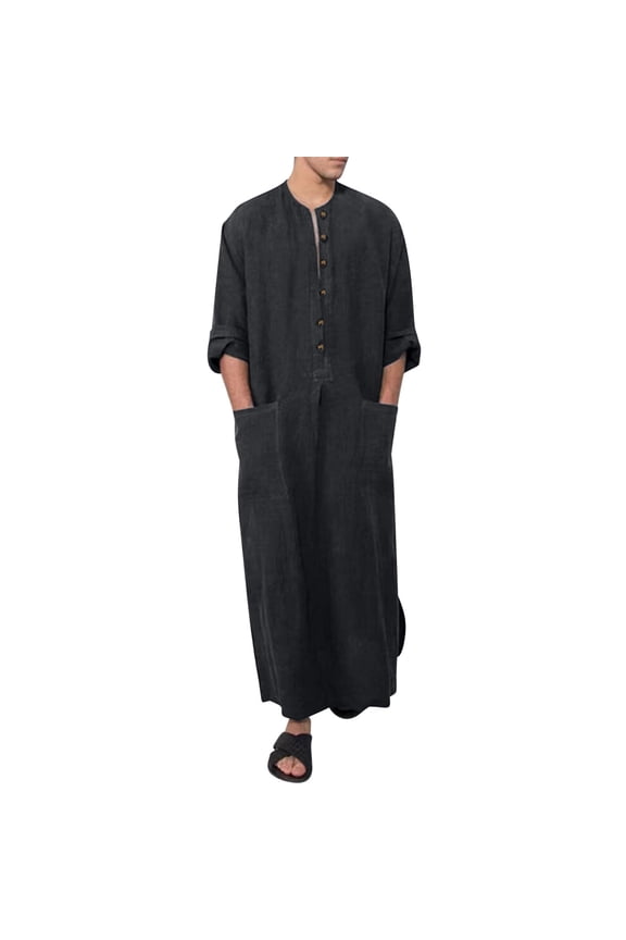 Mens Clothing Long Sleeve Button Middle East Arab Caftan Crew Neck Solid Color Dress Loose Fit Robe Gray L