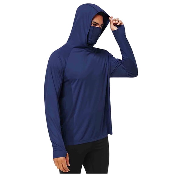 USNSM Mens Compression Hoodie Shirts with Mask Long Sleeve Winter Thermal Sports Base Layer Top Active Running Sun Shirts Blue XXXL