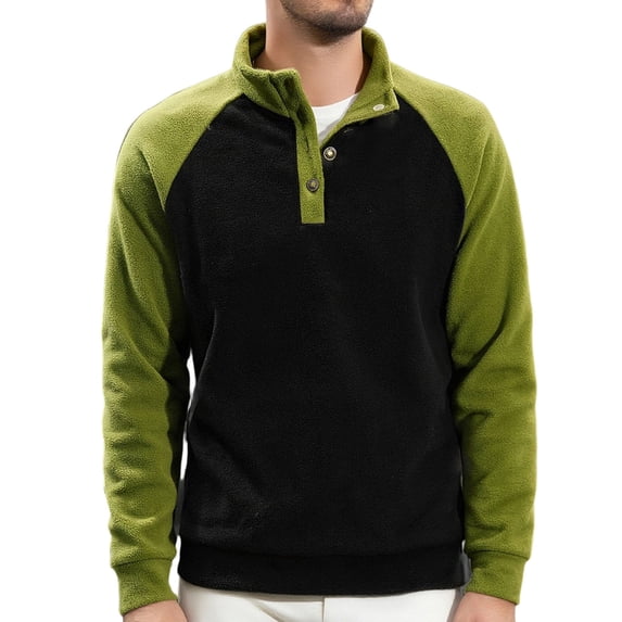 USNSM Mens Corduroy Fleece Lined Sweatshirts Color Blocked Long Sleeve Heavyweight Casual Stand Collar Button Pullover Top Black M