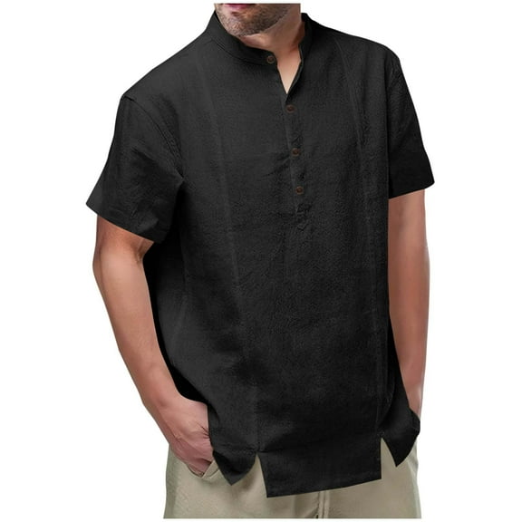 USNSM Mens Cotton Linen Henley Shirt Casual Button Down Short Sleeve Shirts Solid Color Summer Beach T Shirts Black XL