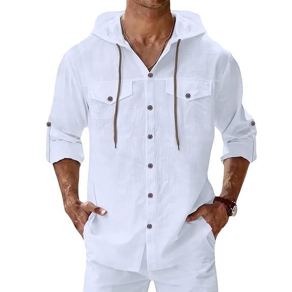 USNSM Mens Cotton Linen Hoodies Roll Up Long Sleeve Casual Button Down Hooded Work Shirt Lightweight Hiking Fishing Shirt White L