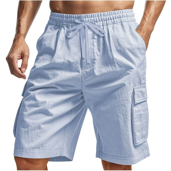 USNSM Mens Cotton Linen Shorts Casual Elastic Waist Drawstring Pocket Lightweight Loose Summer Beach Cargo Shorts Blue S