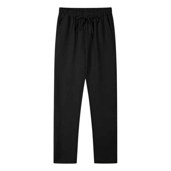 USNSM Mens Cotton Pants Casual Elastic Waist Drawstring Lightweight Breathable Solid Color Beach Trousers with Pockets Black XL