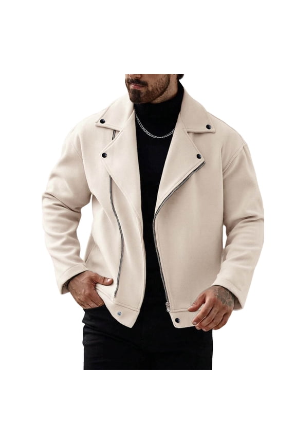 Mens Cropped Woolen Blend Trench Coat Long Sleeve Notched Collar Full Zip Peacoat Winter Warm Outerwear with Pockets Beige L