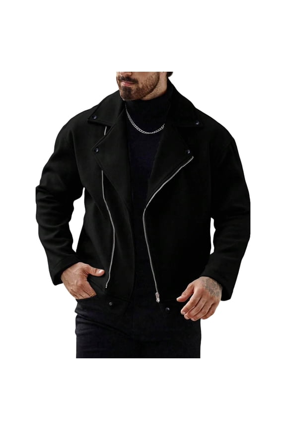 Mens Cropped Woolen Blend Trench Coat Long Sleeve Notched Collar Full Zip Peacoat Winter Warm Outerwear with Pockets Black L