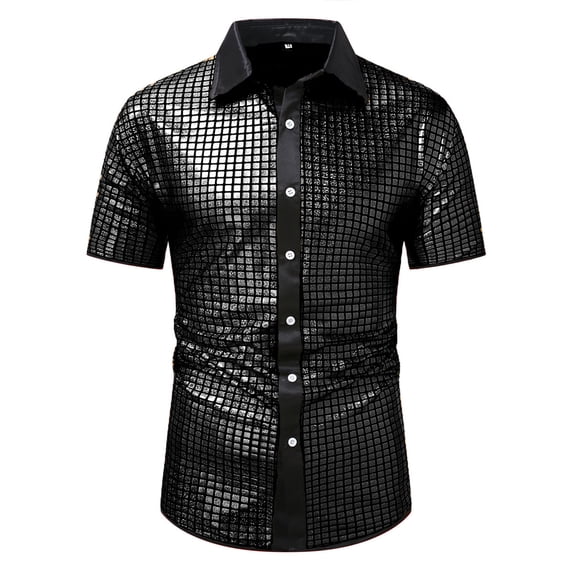 USNSM Mens Disco Shirt 70s Shirts Short Sleeve Button Down Vintage Sequin Metallic Disco Outfits Party Clothes Top Black S