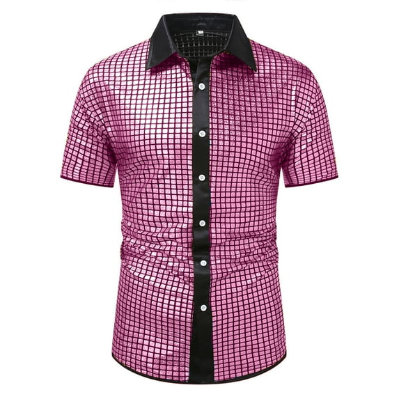 USNSM Mens Disco Shirt 70s Shirts Short Sleeve Button Down Vintage Sequin Metallic Disco Outfits Party Clothes Top Purple L