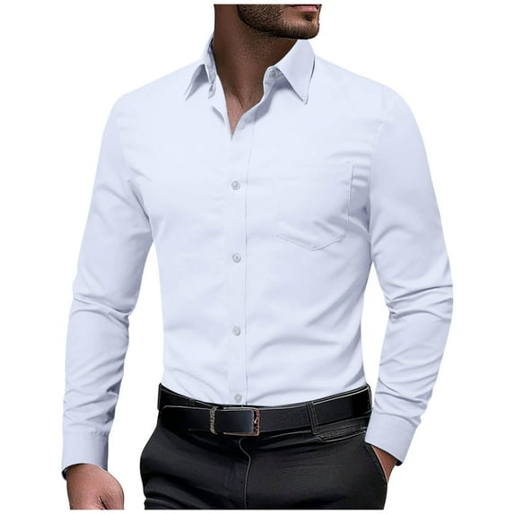 USNSM Mens Dress Shirts 4-Way Stretch Long Sleeve Collared Casual Solid Wedding Dating Button Down Shirt White S