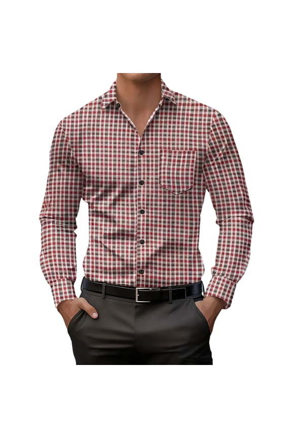Mens Dress Shirts Classic Fit Long Sleeve Plaid Cotton Button Down Shirts Wrinkle Free Business Casual Shirt Red XXXL