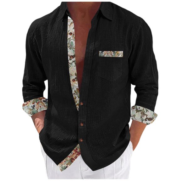 USNSM Mens Dress Shirts Long Sleeve Button Down Casual Shirts for Men Inner Contrast Formal Business Work Shirt Black L